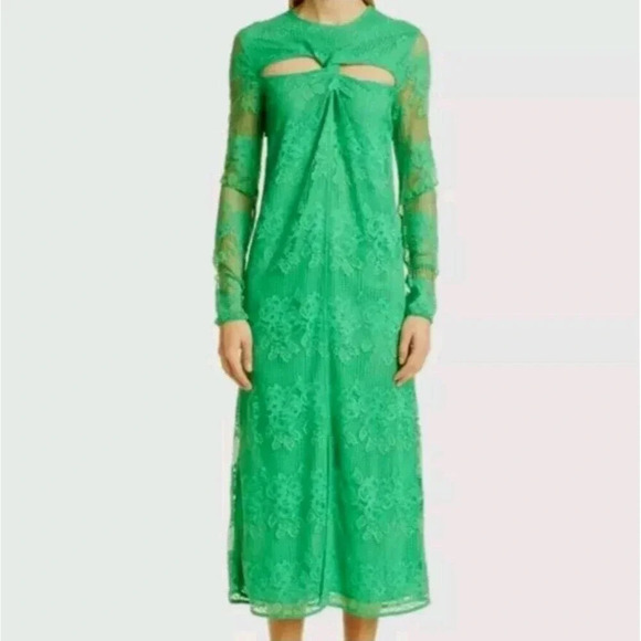 Ganni Lace Cutout Green Midi Dress Floral & Geometric Size 36 or Small - Picture 1 of 15